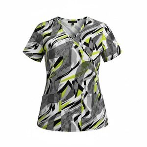 FLEX Womens Abstract Print V Neck Scrub Top Short Sleeve Medical Uniform Size SM